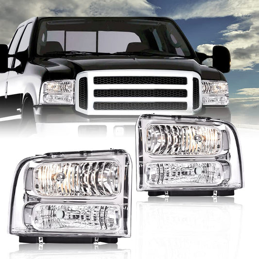 G-PLUS Headlights Assembly Fit 1999-2004 Ford F250 F350 F450 F550 Super Duty/2000-2004 Ford Excursion Headlamps,Clear lens Chrome Housing Clear Reflector FO2503147 FO2503183 Driver & Passenger Side