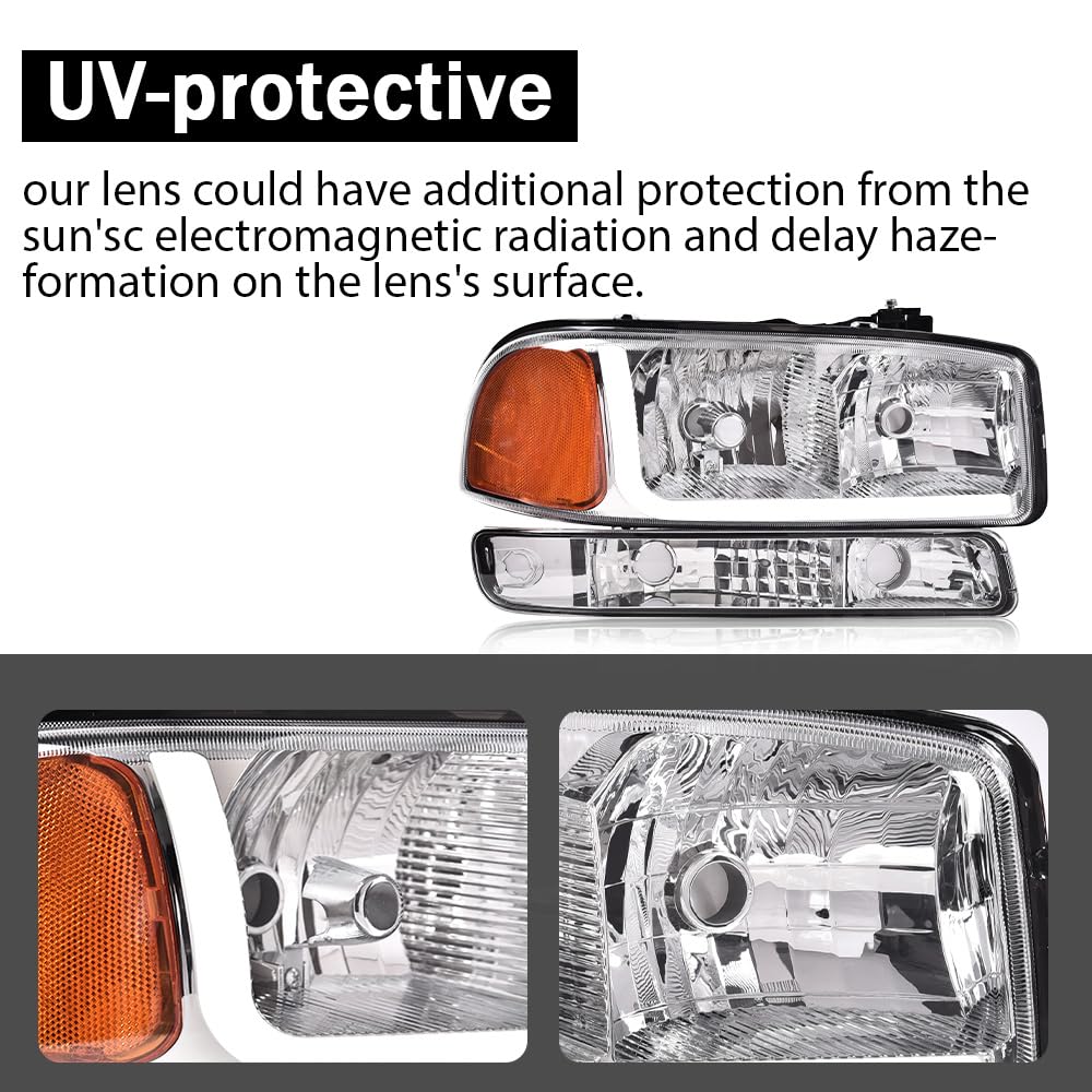 G-PLUS LED Headlights Assembly Fit GMC Sierra 1500HD 2500HD 3500 1999-2007/Fit GMC Yukon XL 1500 2500 1999-2006,Headlamps Clear Lens Chrome Housing Amber Reflector,faros delanteros
