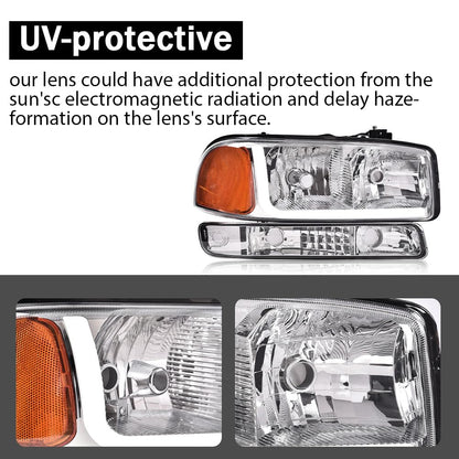 G-PLUS LED Headlights Assembly Fit GMC Sierra 1500HD 2500HD 3500 1999-2007/Fit GMC Yukon XL 1500 2500 1999-2006,Headlamps Clear Lens Chrome Housing Amber Reflector,faros delanteros