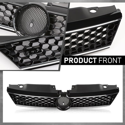 G-PLUS Front Upper Grille Grill Trim Gloss Black Honeycomb W/Chrome Trim Compatible with Volkswagen VW Jetta 2010-2014 5C6853653A