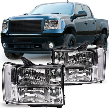 G-PLUS Headlights Assembly, Fit 2007-2013 GMC Sierra 1500/2007 2008 2009 2010 2011 2012 2013 2014 GMC Sierra 2500 HD/3500HD Headlamps,Clear Lens Chrome Housing Clear Reflector,faros delanteros