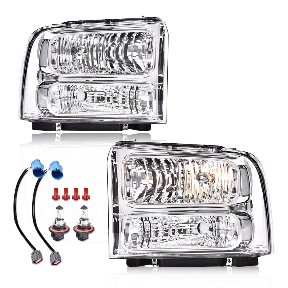 G-PLUS Headlights Compatible with Ford F250 F350 F450 F550 Super Duty 1999-2004 Truck Excursion Conversion Clear Lens Chrome Housing Clear ReflectorBumper Headlamps,faros delanteros