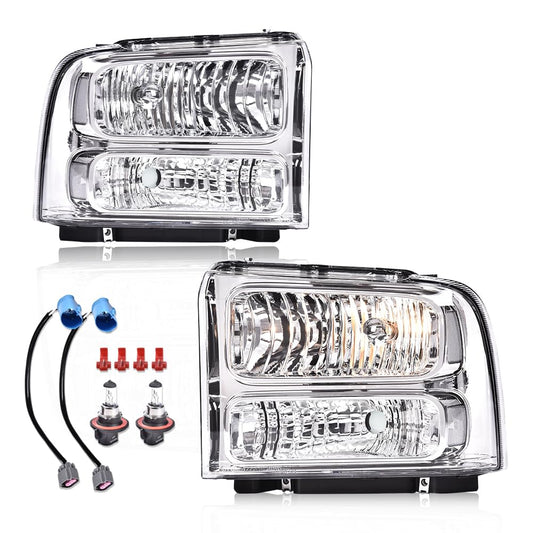 G-PLUS Headlights Compatible with Ford F250 F350 F450 F550 Super Duty 1999-2004 Truck Excursion Conversion Clear Lens Chrome Housing Clear ReflectorBumper Headlamps,faros delanteros