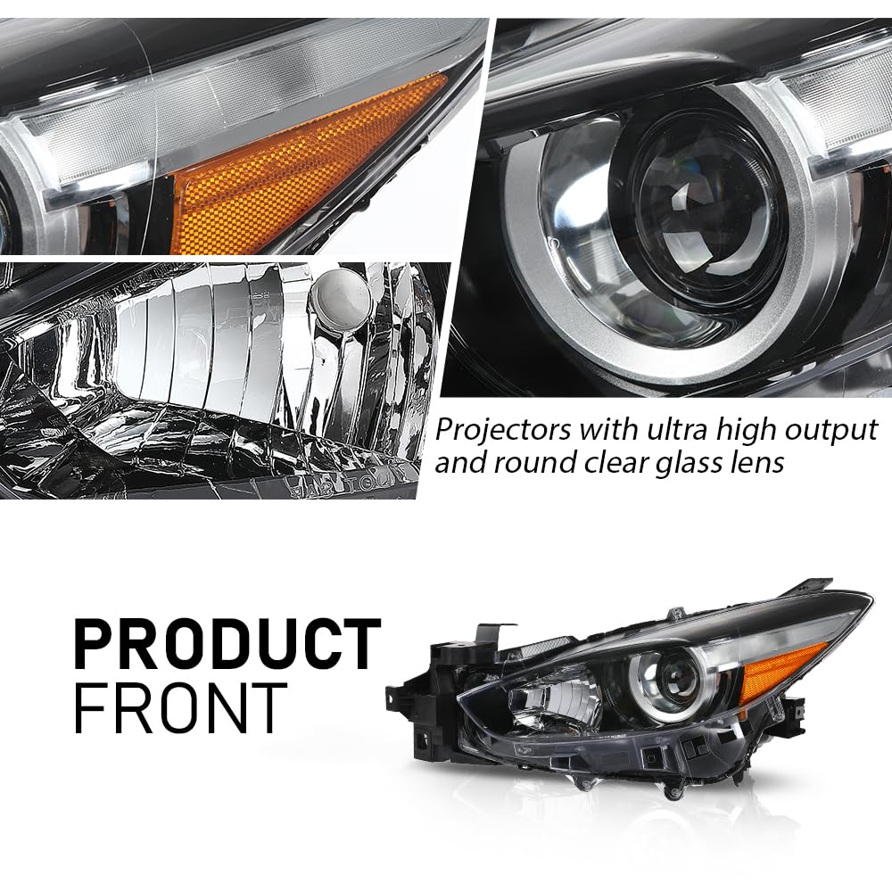 G-PLUS Projector Halogen Headlight LH Driver Side Compatible with Mazda 3 2017-2018 4-Door Sedan & Hatchback Clear Lens Black Housing Amber ReflectorBumper Headlamps,faros delanteros