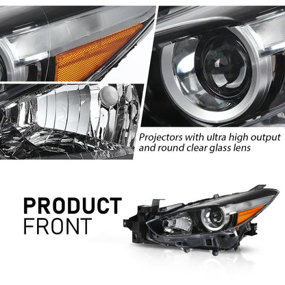 G-PLUS Projector Halogen Headlight LH Driver Side Compatible with Mazda 3 2017-2018 4-Door Sedan & Hatchback Clear Lens Black Housing Amber ReflectorBumper Headlamps,faros delanteros