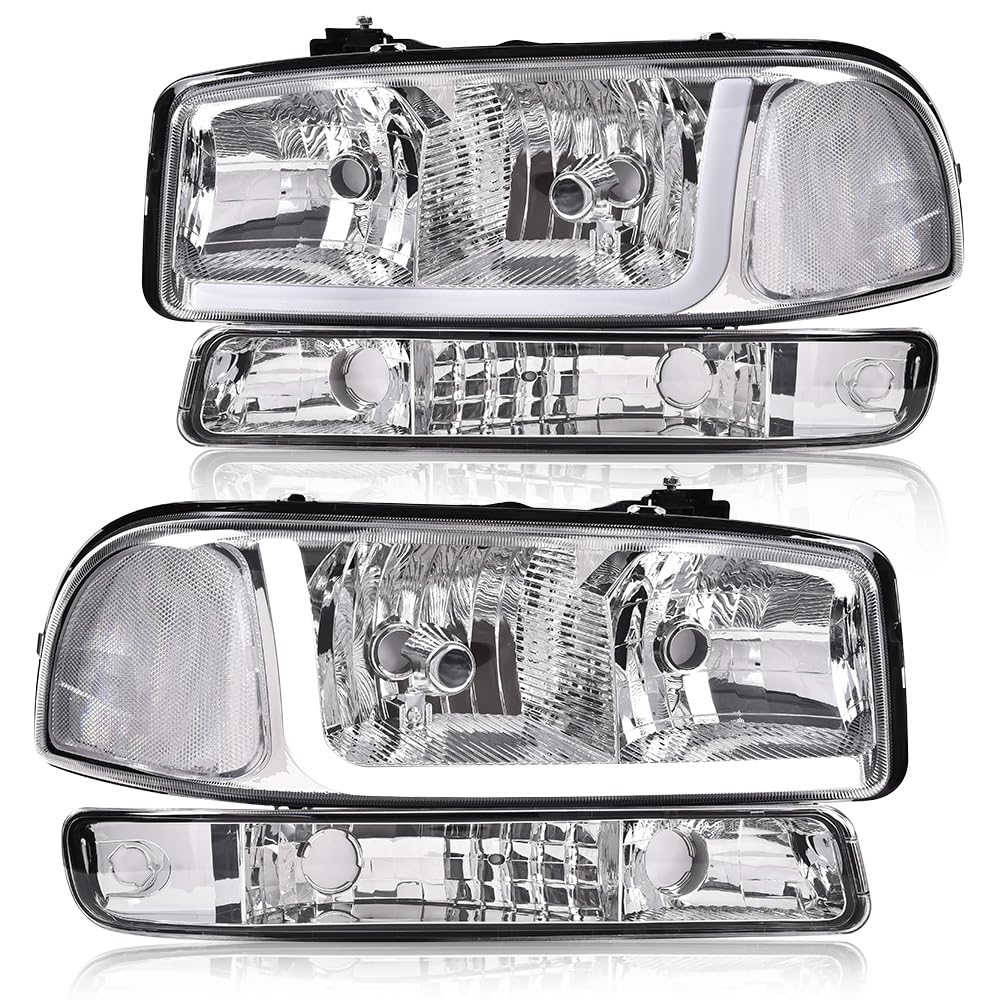 G-PLUS LED Headlights Assembly Compatible with GMC Yukon XL 1500 2500 1999-2006/Fit GMC Sierra 1500HD 2500HD 3500 1999-2007,Pair Headlamps Clear Lens Chrome Housing Clear Reflector,faros delanteros