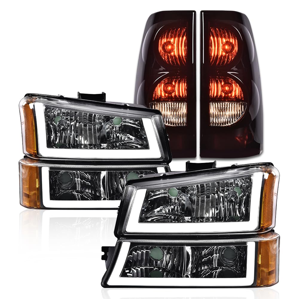G-PLUS LED Headlights Assembly + Tail Lights Fit Chevy Silverado 1500 1500 HD 2500 2500 HD 2003-2006, Clear Lens Chrome Housing Amber Reflector Headlamps Assembly Dark Red Taillights