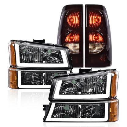 G-PLUS LED Headlights Assembly + Tail Lights Fit Chevy Silverado 1500 1500 HD 2500 2500 HD 2003-2006, Clear Lens Chrome Housing Amber Reflector Headlamps Assembly Dark Red Taillights