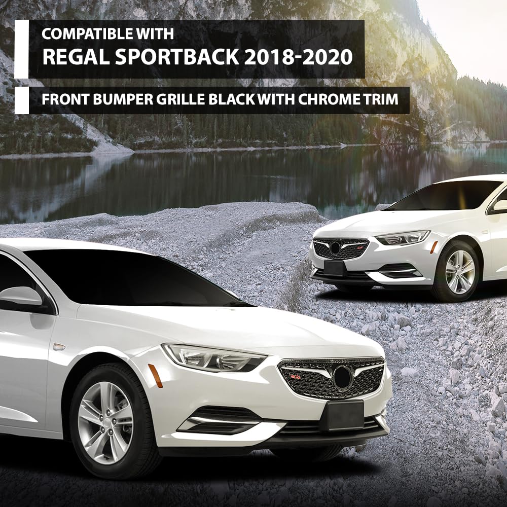 G-PLUS Front Bumper Grille With Chrome Trim Compatible with Buick Regal Sportback 2018-2020 Black