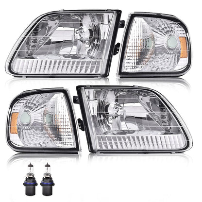 G-PLUS Headlights w/Bulbs, Compatible with Ford Expedition 1997-2002/Fit Ford F150 1998-2003/Fit F250 1997-1999 Bumper Headlamps Left &Right Clear lens Chrome Housing Amber Reflector
