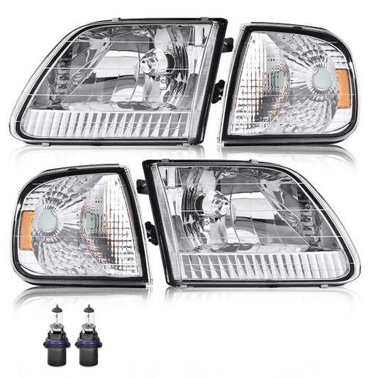 G-PLUS Headlights w/Bulbs, Compatible with Ford Expedition 1997-2002/Fit Ford F150 1998-2003/Fit F250 1997-1999 Bumper Headlamps Left &Right Clear lens Chrome Housing Amber Reflector