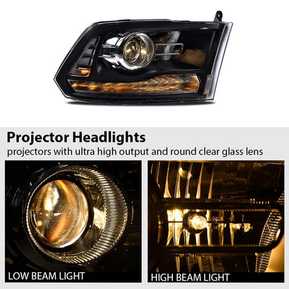 G-PLUS LED Bar Plank Headlights Fit Dodge Ram 1500 2500 3500 2013-2018 Projector Headlight Clear Lens Black Housing Clear Reflector CH2503217 55277409AD Bumper Headlamps,faros delanteros Assembly