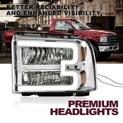 G-PLUS LED DRL Headlights, Compatible with 2005 2006 2007 Ford F250 F350 F450 F550 Super Duty Bumper Headlamps, Clear Lens Chrome Housing Amber Reflector