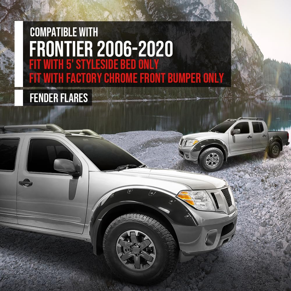 G-PLUS 4PCS Paintable Fender Flares Compatible with Nissan Frontier 2006-2020 Fit 5' Styleside Bed Fit Factory Chrome Front Bumper Black