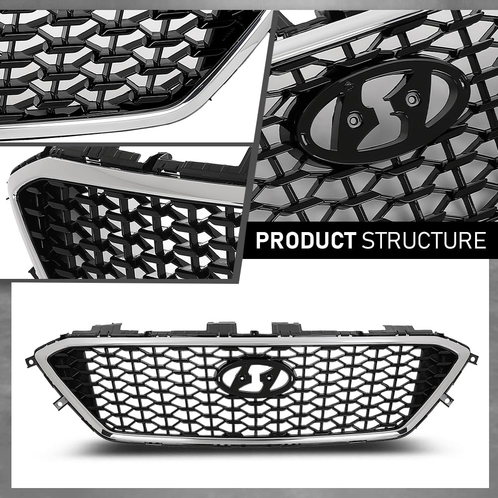 G-PLUS Front Bumper Upper Grille Grill Compatible with Hyundai Sonata 2015 2016 2017 w/o Radar Hole Chrome & Black