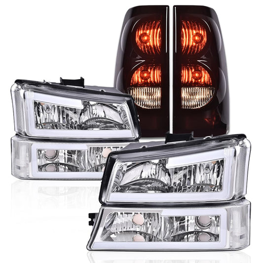 G-PLUS LED DRL Headlights Assembly + Tail Lights Fit Chevy Silverado 1500 1500 HD 2500 2500 HD 2003-2006, Clear Lens Chrome Housing Clear Reflector Headlamps Assembly Dark Red Taillights