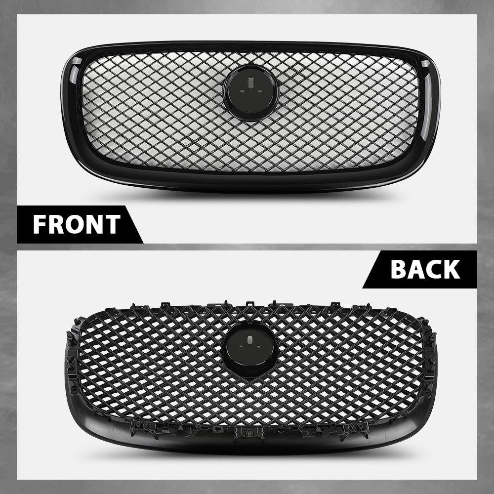 G-PLUS Front Center Upper Mesh Grille W/Emblem Compatible with Jaguar XF XFR 2012-2015 Gloss Black Grill