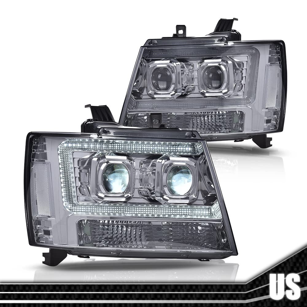 G-PLUS LED Tube Dual Projector Headlights, Compatible with 2007-2014 Chevy Tahoe/Suburban Bumper Headlamps Assembly, Smoky Lens Chrome Housing Clear Reflector,faros delanteros