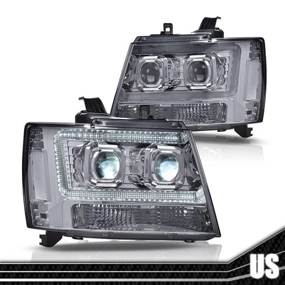 G-PLUS LED Tube Dual Projector Headlights, Compatible with 2007-2014 Chevy Tahoe/Suburban Bumper Headlamps Assembly, Smoky Lens Chrome Housing Clear Reflector,faros delanteros