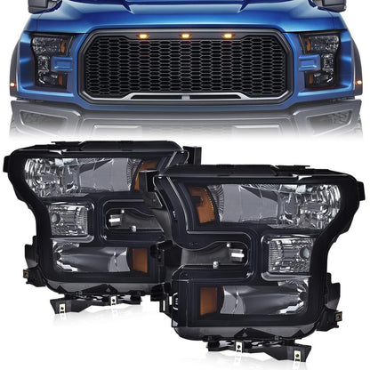 G-PLUS Front Headlights Assembly,Compatible with Ford F150 2015 2016 2017 Headlamps,Left&Right Smoky Lens Black Housing Amber Reflector,faros delanteros