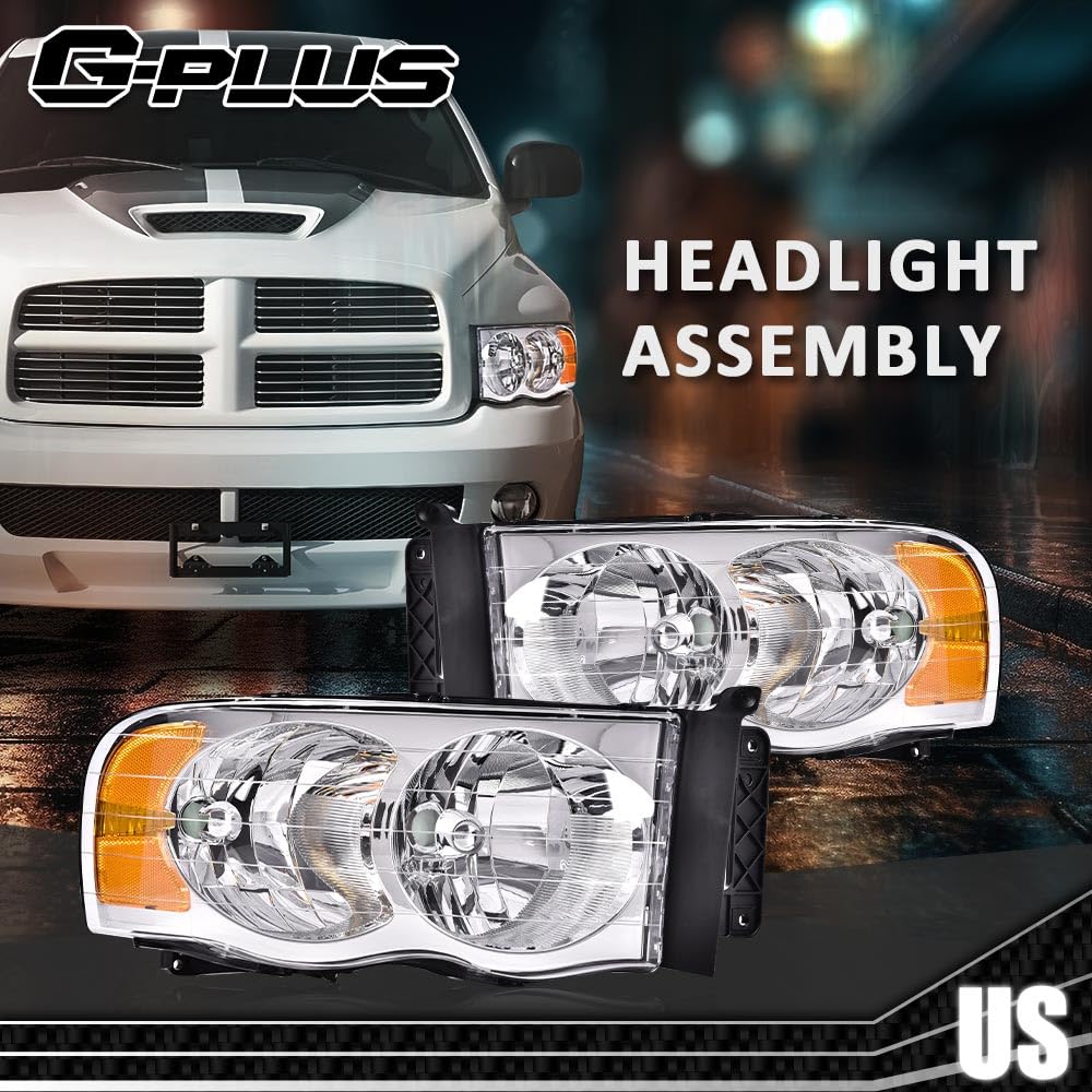 G-PLUS Headlights Bumper Headlamps Assembly Compatible with 2002-2005 Dodge Ram 1500 2500 3500, Clear Lens Chrome Housing Amber Reflector,faros delanteros
