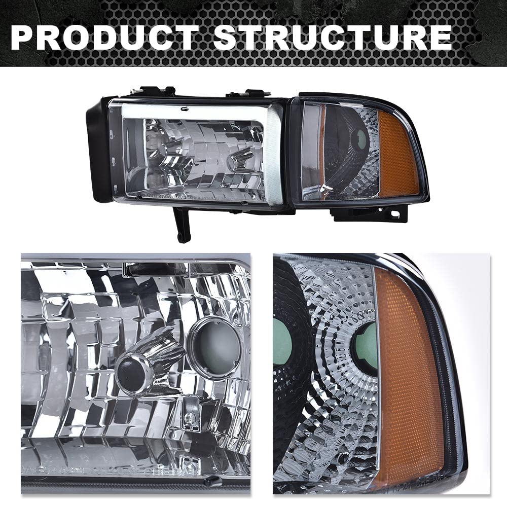 G-PLUS LED Headlights Assembly Fit Dodge Ram 1500 1994-2001,Fit Dodge Ram 2500 3500 1994-2002(Not for Ram Sport) Headlamps w/o Bulbs Smoky Lens Chrome Housing Amber Reflector Left & Right