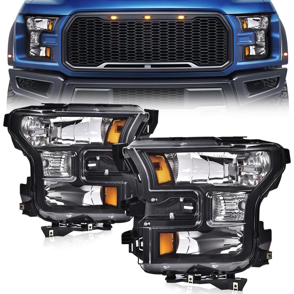 G-PLUS Headlights Assembly, Compatible with Ford F150 2015 2016 2017 Bumper Headlamps W/o Bulbs, Clear Lens Black Housing Amber Reflector Luces delanteras,faro delantero,faros delanteros