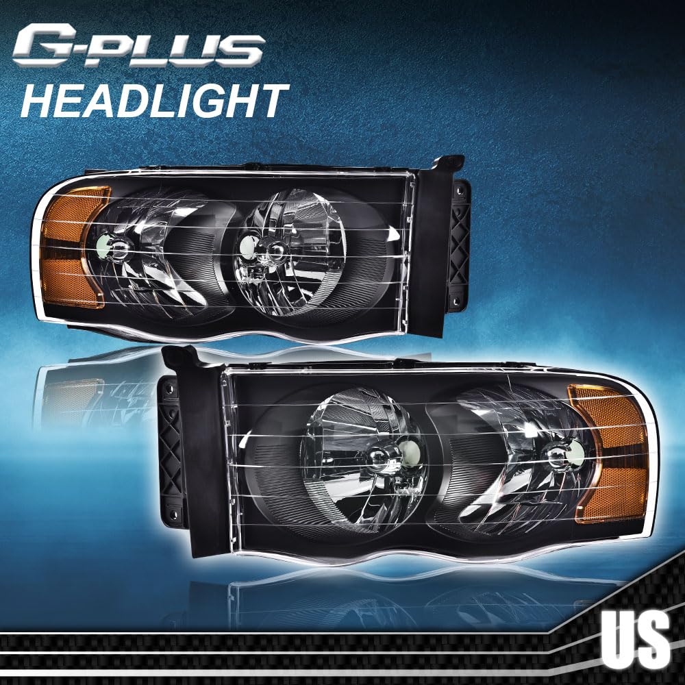 G-PLUS Headlights Assembly Compatible with Dodge Ram 1500 2500 3500 2002-2005 Bumper Headlamp, Clear lens Black Housing Amber Reflector