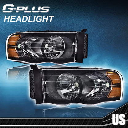 G-PLUS Headlights Assembly Compatible with Dodge Ram 1500 2500 3500 2002-2005 Bumper Headlamp, Clear lens Black Housing Amber Reflector