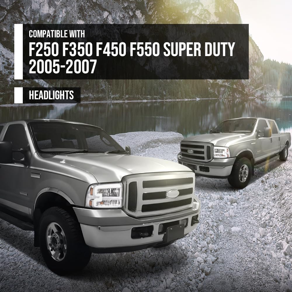 G-PLUS LED DRL Headlight Assembly Compatible with Ford F250 F350 F450 F550 Super Duty 05-07 /Fit Ford Excursion 05 HeadLamps LH & RH Clear lens Chrome Housing White Reflector FO2503217 ‎6C3Z13008CB