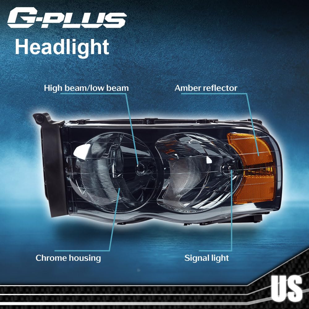 G-PLUS Headlights Assembly Compatible with Dodge Ram 1500 2500 3500 2002-2005 Bumper Headlamp, Smoky Lens Chrome Housing Amber Reflector