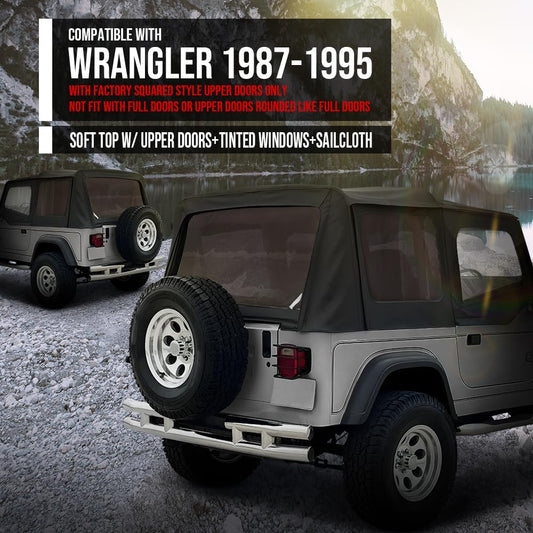 G-PLUS Soft Top Sailcloth Black W/Plastic Windows Compatible with Jeep Wrangler 1987-1995 with Factory Squared Style Upper Doors 9870215, 9870217 Black