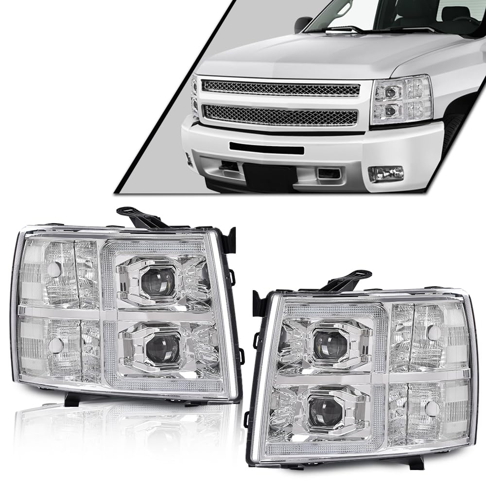 G-PLUS LED Tube Dual Projector Headlights Assembly,Fit Chevy Silverado 1500 2007-2013/Fit Silverado 2500 3500 & HD 2007-2014,Clear Lens Chrome Housing Clear Reflector,faros delanteros