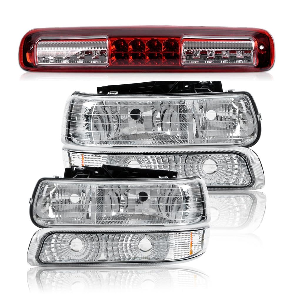 G-PLUS Headlights Assembly & LED 3rd Brake Light Compatible with Chevy Silverado 1999-2002 Fit GMC Sierra 1500 2500HD 3500 1999-2006 LED 3rd Brake Light