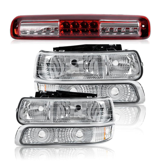 G-PLUS Headlights Assembly & LED 3rd Brake Light Compatible with Chevy Silverado 1999-2002 Fit GMC Sierra 1500 2500HD 3500 1999-2006 LED 3rd Brake Light