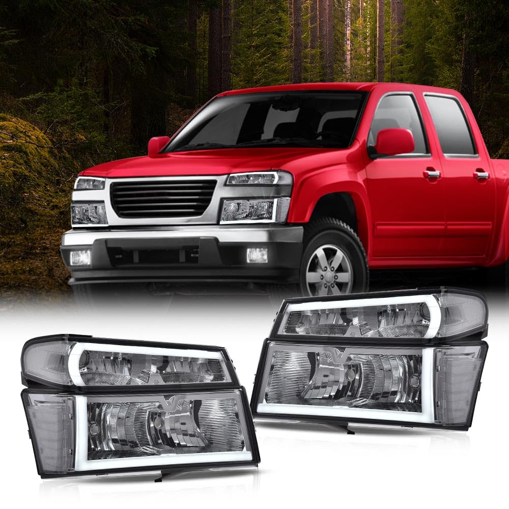 G-PLUS LED Headlights Assembly Compatible with Chevy Colorado/GMC Canyon 2004-2012,Fit Isuzu i-280 i-350 2006,Fit Isuzu i-290 i-370 2007-2008 Headlamps Smoky Lens Chrome Housing Clear Reflector