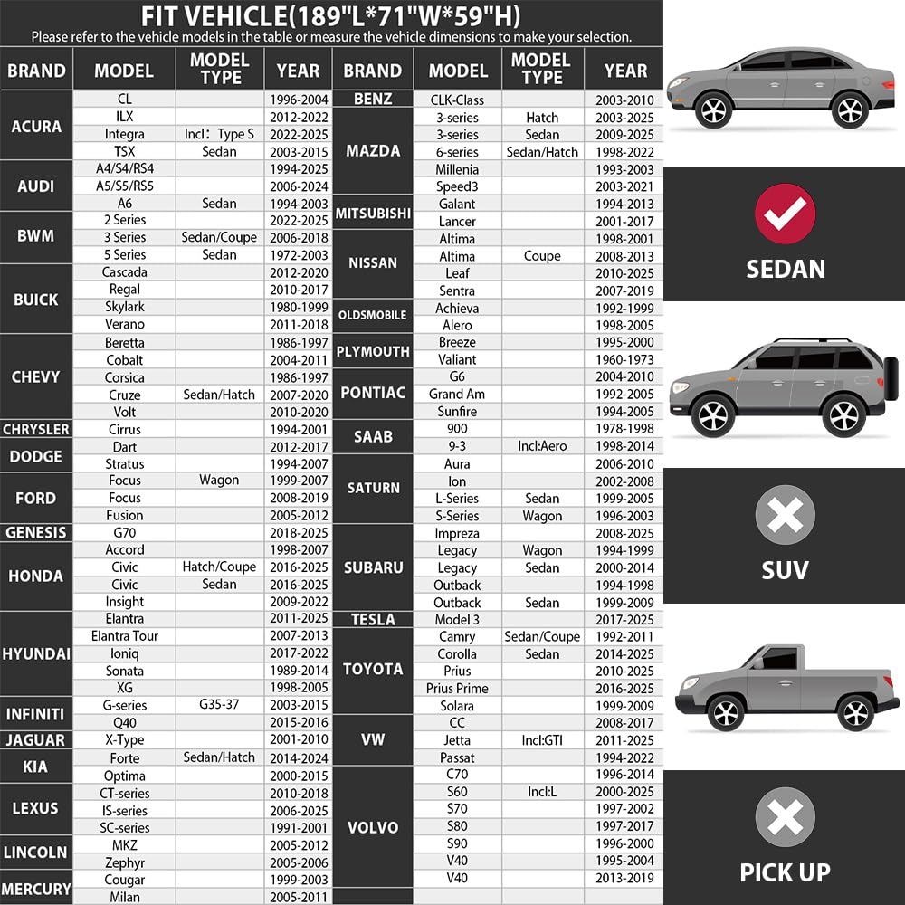 Heavy-Duty Car Cover Waterproof All Weather for Universal Sedan, Outdoor Rain Sun Snow UV Protection, Indoor Dust and Scratch Resistant 3L+ (189 * 71 * 59 inch)