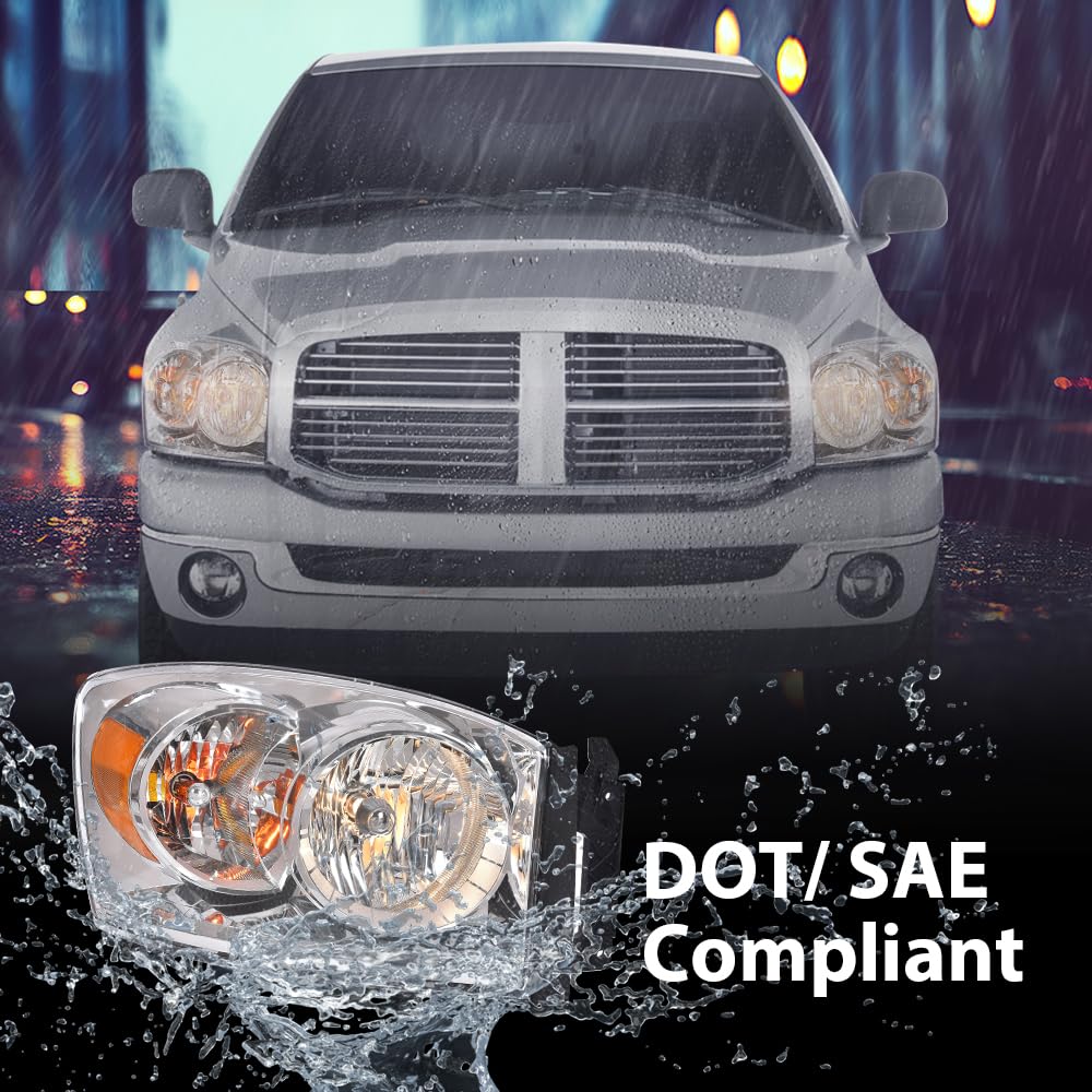 G-PLUS Headlights w/Bulbs Right Passanger Side Compatible with Dodge Ram 1500 2006-2008/Fit Dodge Ram 2500 3500 2006-2009,Clear Lens Chrome Housing Amber Reflector Bumper Headlamps,faros Assembly