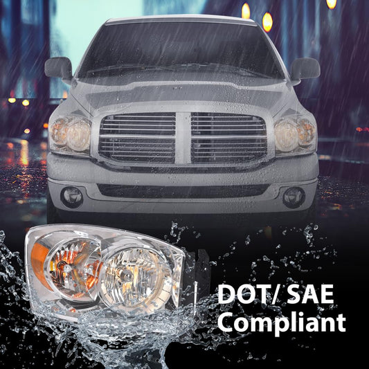 G-PLUS Headlights w/Bulbs Right Passanger Side Compatible with Dodge Ram 1500 2006-2008/Fit Dodge Ram 2500 3500 2006-2009,Clear Lens Chrome Housing Amber Reflector Bumper Headlamps,faros Assembly