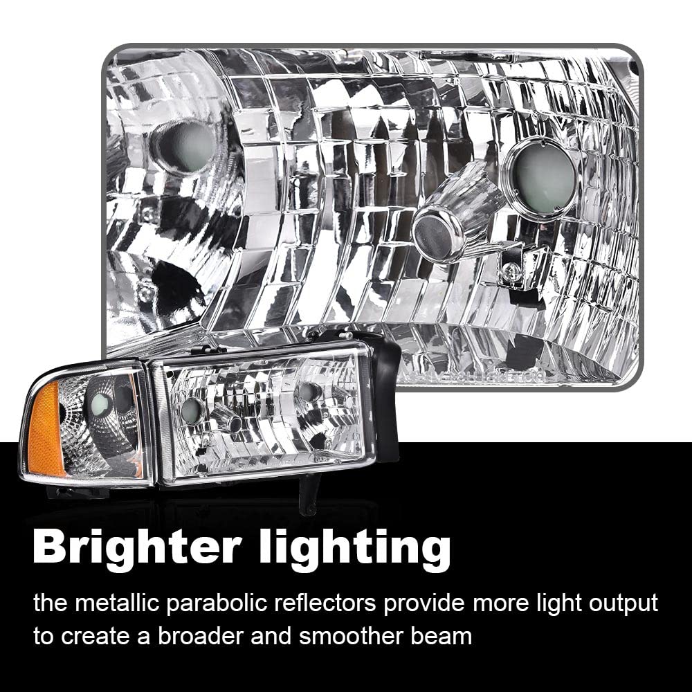 G-PLUS Headlights Lamps Fit Dodge Ram 1500 1994-2001/Fit Dodge Ram 2500 3500 1994-2002,Not fit Ram Sport,Clear Lens Chrome Housing Amber Reflector w/o Bulbs Bumper Headlamps,faros delanteros Assembly