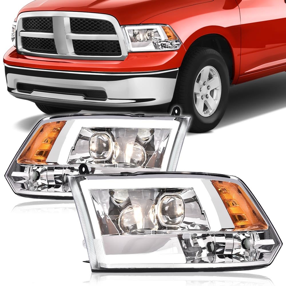 G-PLUS LED DRL Headlights Fit Dodge Ram 1500 2500 3500 2009-2012(New Body), Not Fit One Hole, Clear Lens Chrome Housing Amber Reflector Bumper Headlamps, faros delanteros Assembly