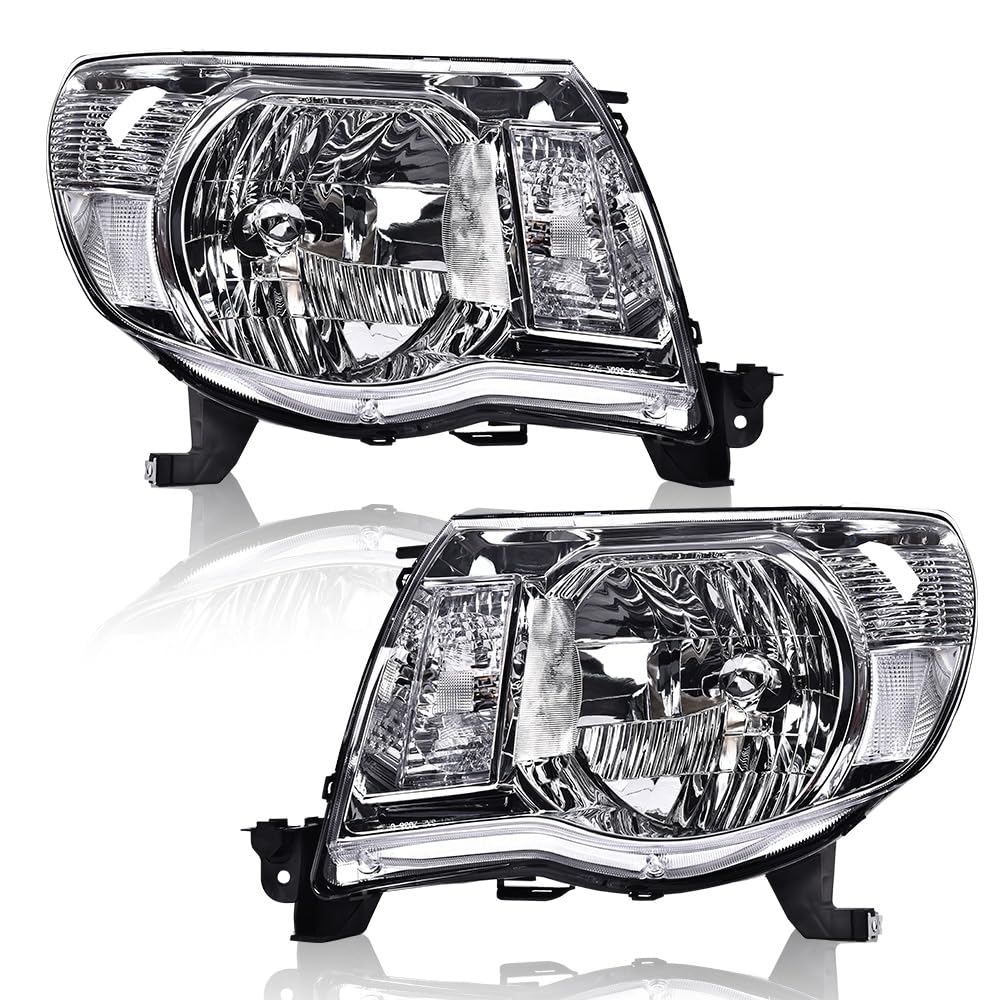 G-PLUS Headlights Assembly, Compatible with Toyota Tacoma 2005 2006 2007 2008 2009 2010 2011,Bumper Headlamps,Clear lens Chrome Housing Amber Reflector,Left Driver & Right Passenger faros delanteros
