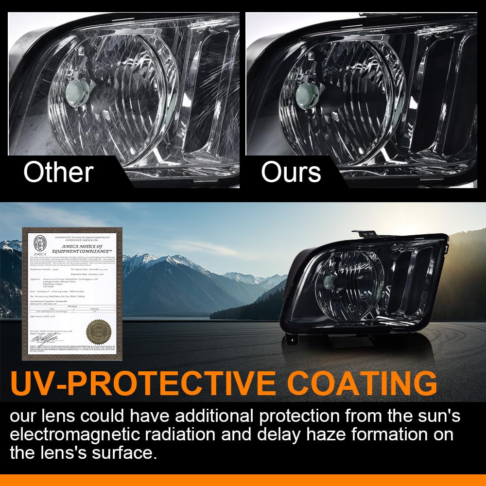 G-PLUS Headlights Compatible with Ford Mustang 2005-2009 Factory Halogen Headlamps Pair Smoky Lens Chrome Housing Amber Reflector,faros delanteros