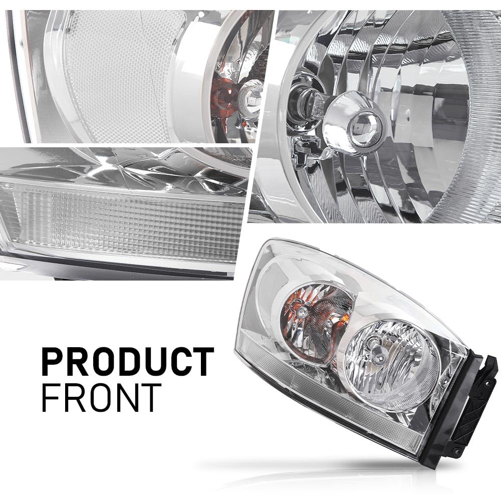 G-PLUS Headlights Assembly w/Bulbs Light Bar Left and Right Side Compatible with Dodge Ram 1500 2006-2008/Fit Dodge Ram 2500 3500 2006-2009 Clear Lens Chrome Housing Clear Reflector