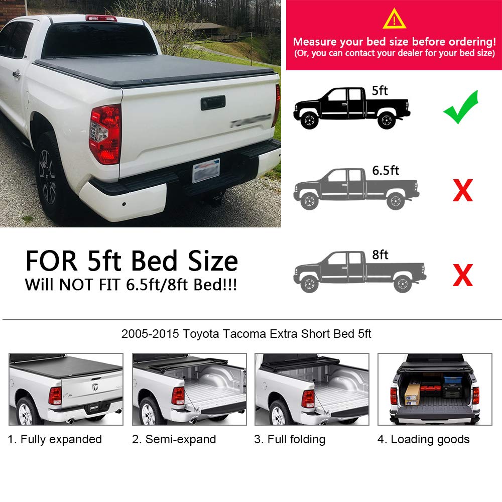 G-PLUS T3 Tri-Fold Soft Truck Tonneau Cover Replacement for 2005-2015 Toyota Tacoma Pickup | Double Cab 5Ft Short Bed Lock | for Only Fleetside/Styleside Bed Models