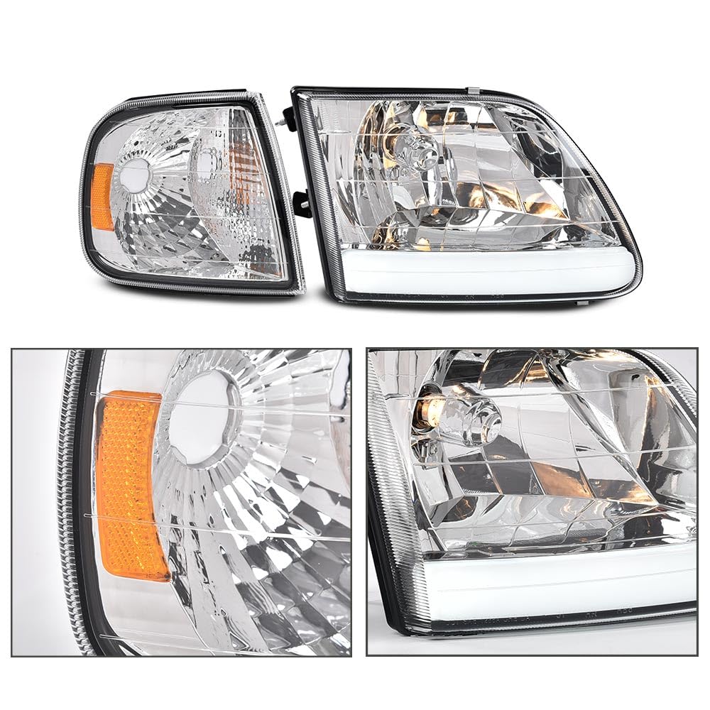 G-PLUS LED DRL Strip Style Headlights & Corner Parking Lights Compatible with Ford Expedition 1997-2002/Fit Ford F150 1998-2003/Fit F250 1997-1999 Clear Lens Chrome Housing Amber Reflector