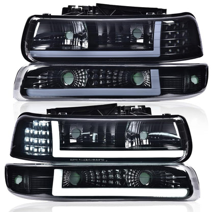 G-PLUS LED DRL Headlights Assembly Fit Chevy Silverado 1500 2500 & HD 3500 1999-2002/Fit Chevy Suburban/Tahoe 2000-2006 Bumper Headlamps,Smoky Lens Black Housing Clear Reflector,faros delanteros