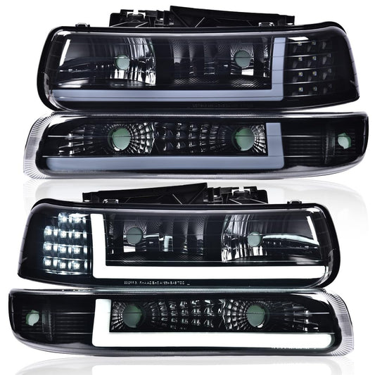 G-PLUS LED DRL Headlights Assembly HEADLIGHTS | Fit Chevy Silverado 1500 2500 & HD 3500 1999-2002/HEADLIGHTS | Fit Chevy Suburban/Tahoe 2000-2006 Bumper Headlamps,Smoky Lens Black Housing Clear Reflector,faros delanteros
