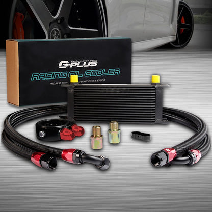 G-PLUS 16 Row AN10-10AN Universal Aluminum Engine Transmission Oil Cooler Kit + Oil Filter Adapter Hose End