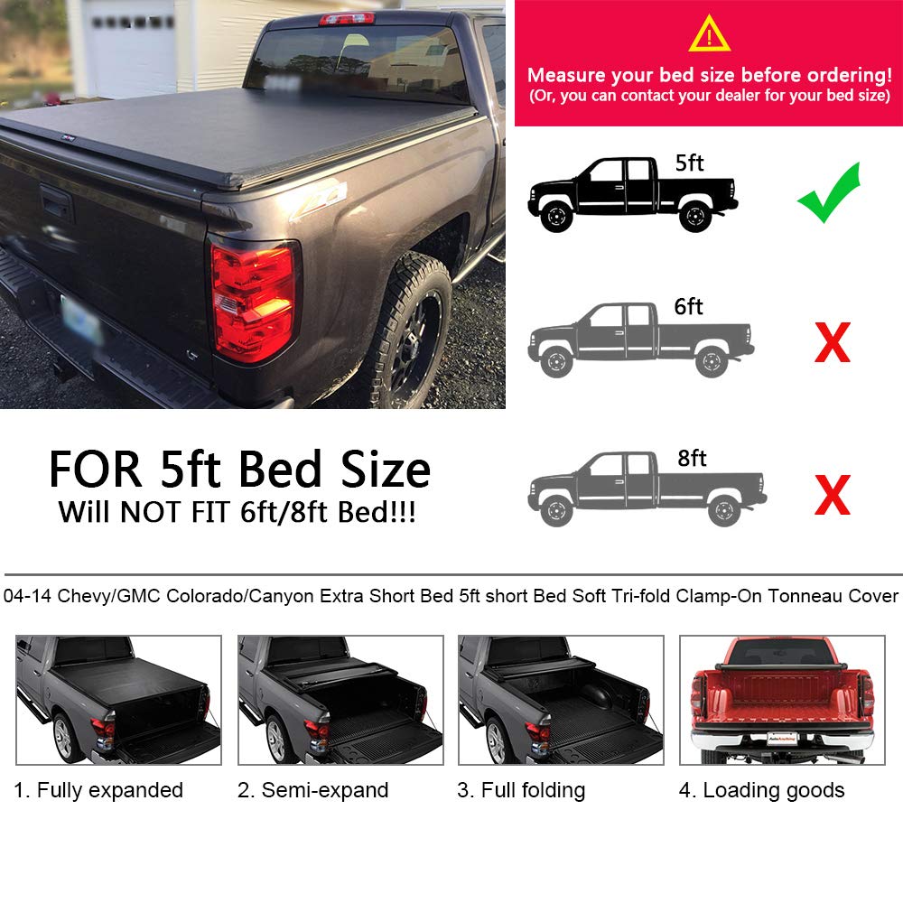 G-PLUS T3 Soft Lock Tri-Fold Tonneau Cover Assembly Replacement for 2004-2014 Chevy Colorado/GMC Canyon,Short Bed Black (Extra Short Bed 5')